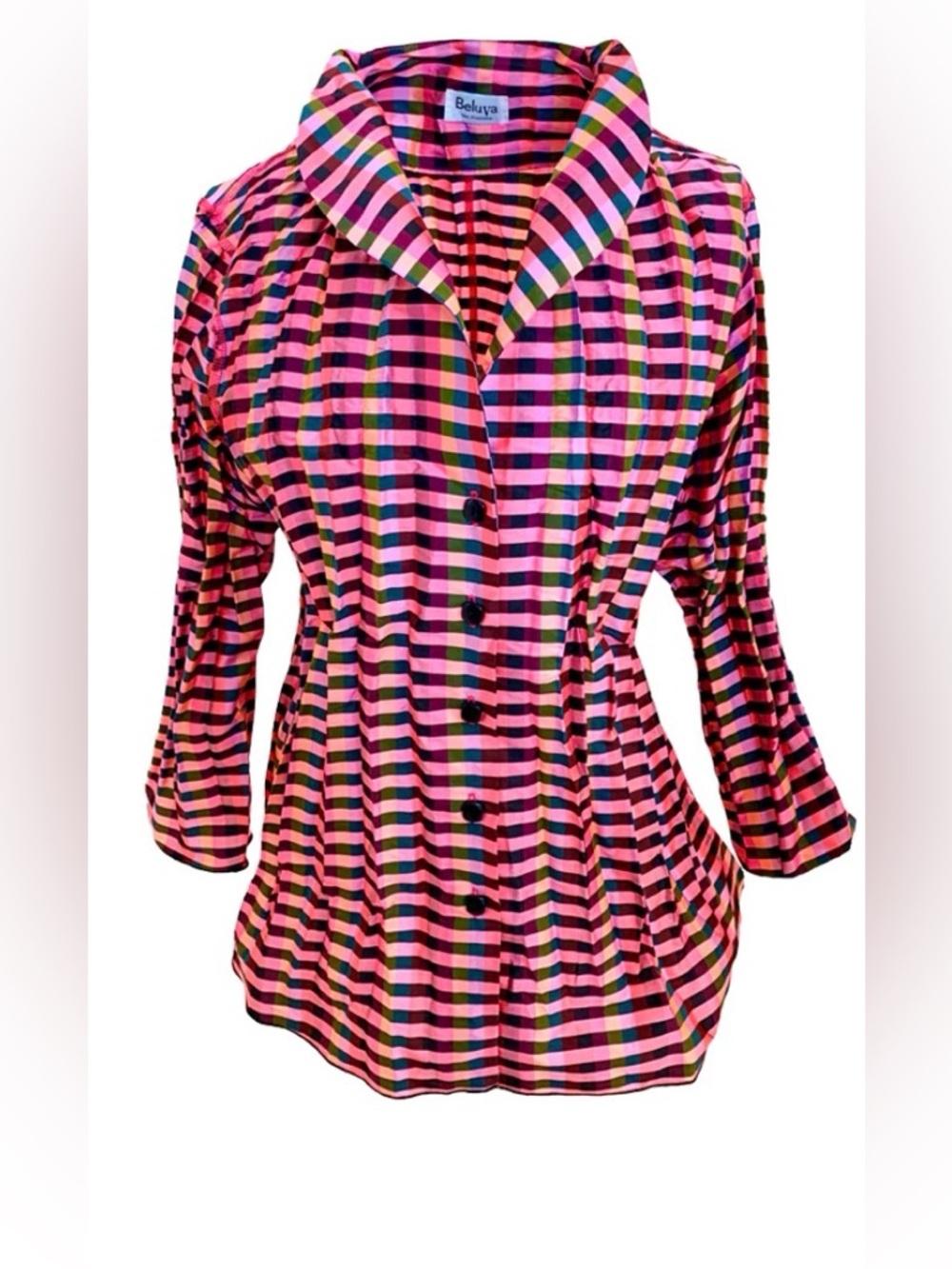 Beluva pink/black pleated polyester blouse. 3/4 length sleeves. Size Medium.